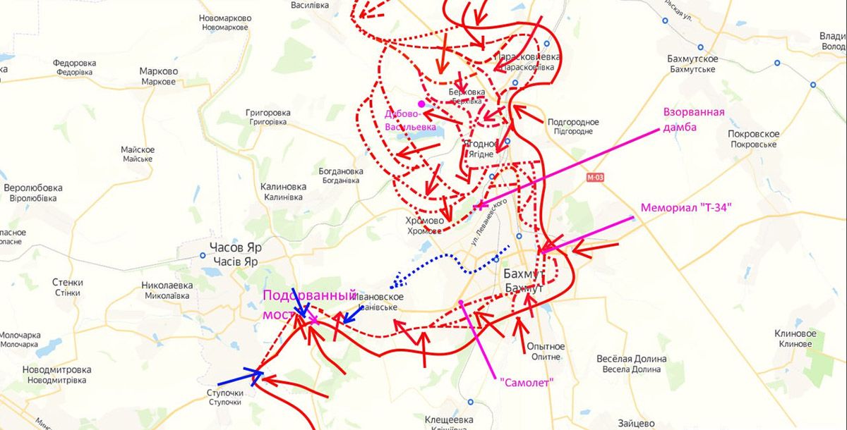 Карта боевых действий в сводке Юрия Подоляка на 9 марта. Ситуация в Артёмовске. 