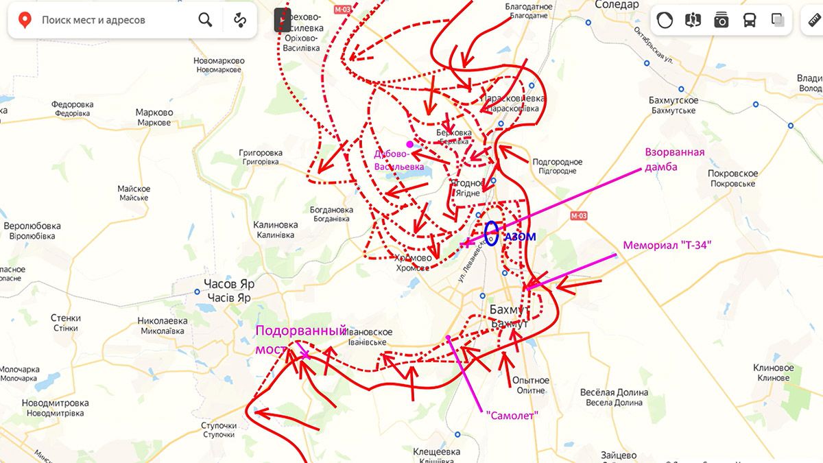 Карта боевых действий на артёмовском направлении 19 марта. Бои в Артёмовске.