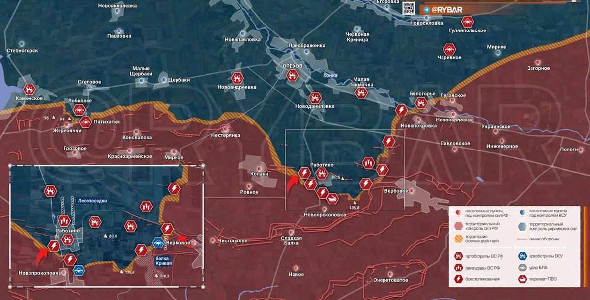 Карта боевых действий на Украине, Запорожское направление, на 18.02.24 г. Карта СВО от «Рыбарь».
