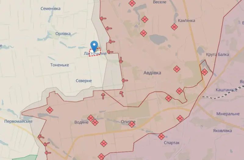 Карта боевых действий, Линия фронта западнее Авдеевки, на 18.02.24 г.