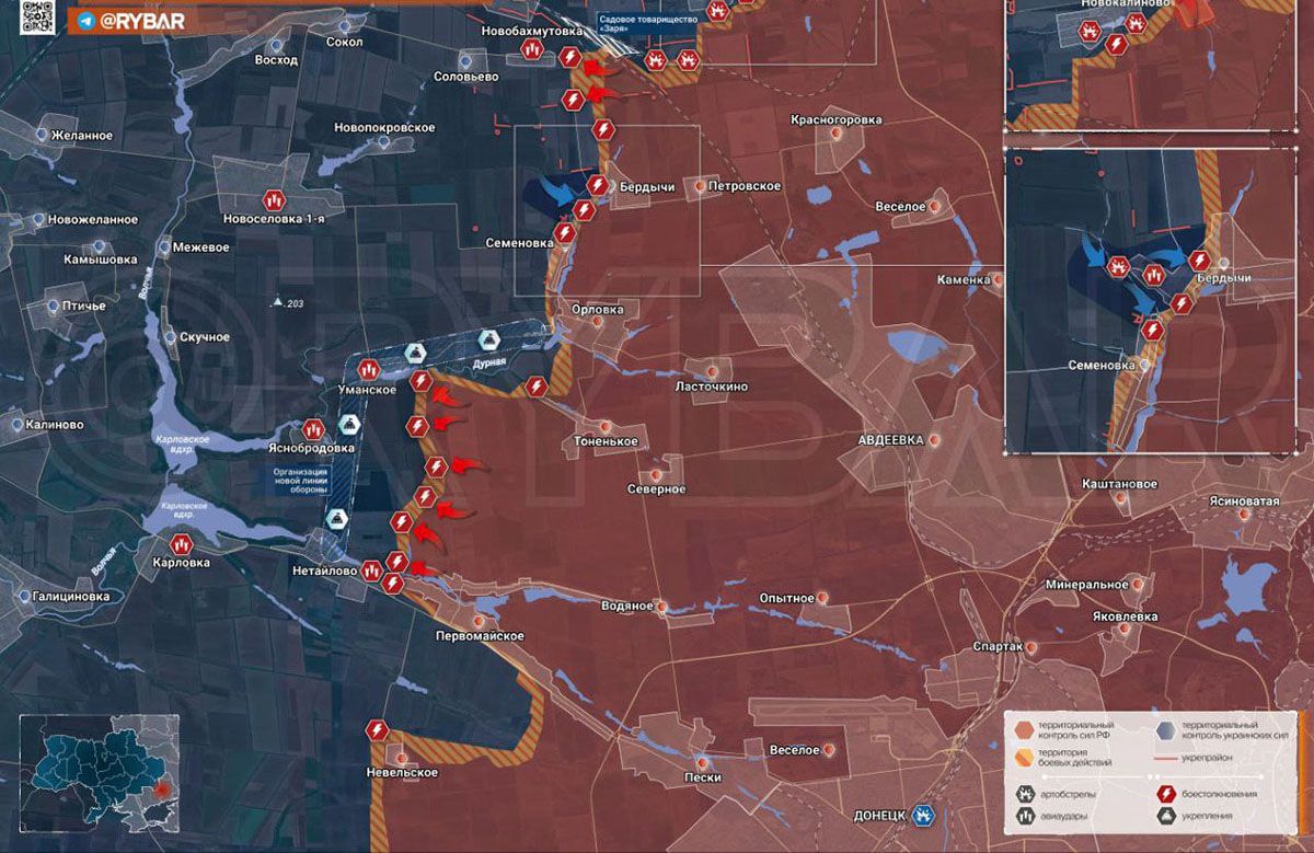 Карта боевых действий на Украине, Донецкое направление, Авдеевский участок, к утру 18.04.24 г. Карта СВО от «Рыбарь».