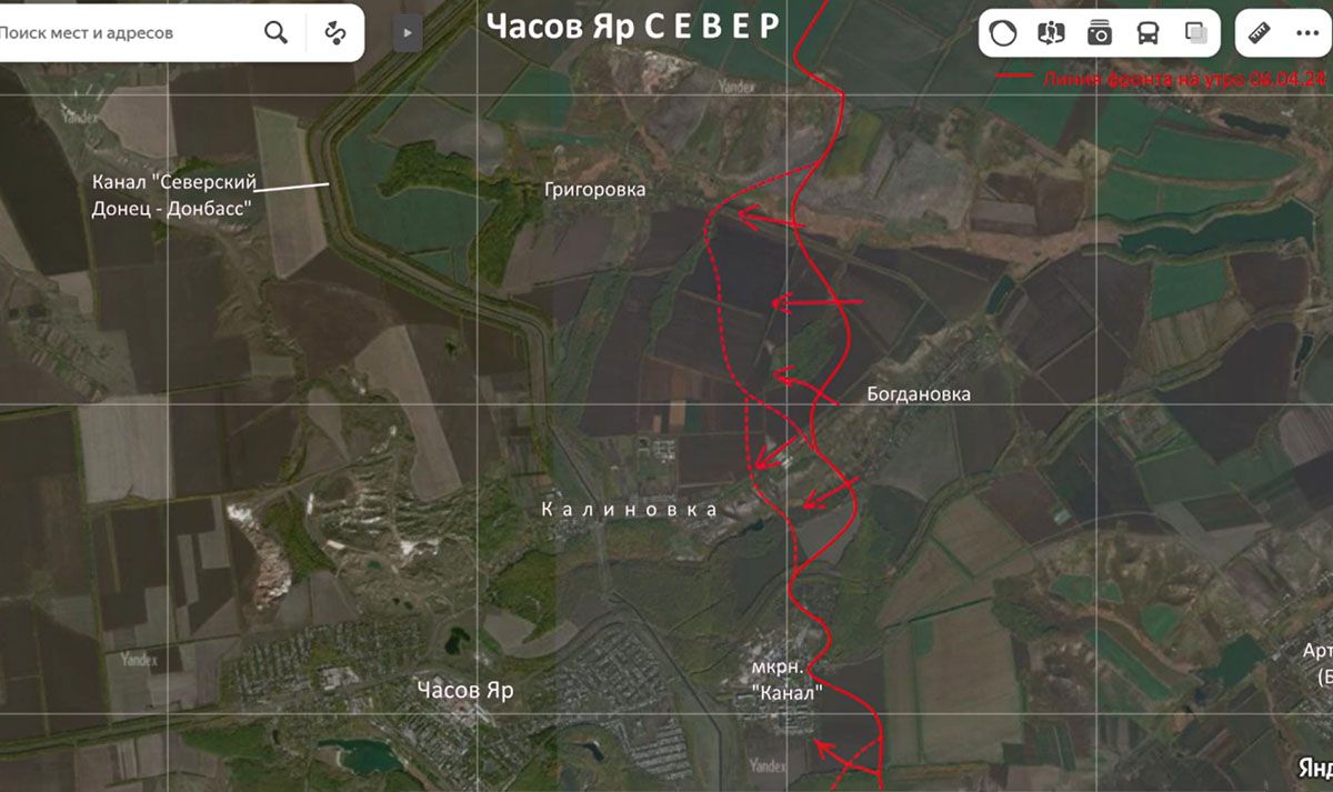 Карта боевых действий на Украине, Артёмовское направление, Продвижение на Часов Яр, на 16.04.24 г. Карта СВО от Юрия Подоляки.