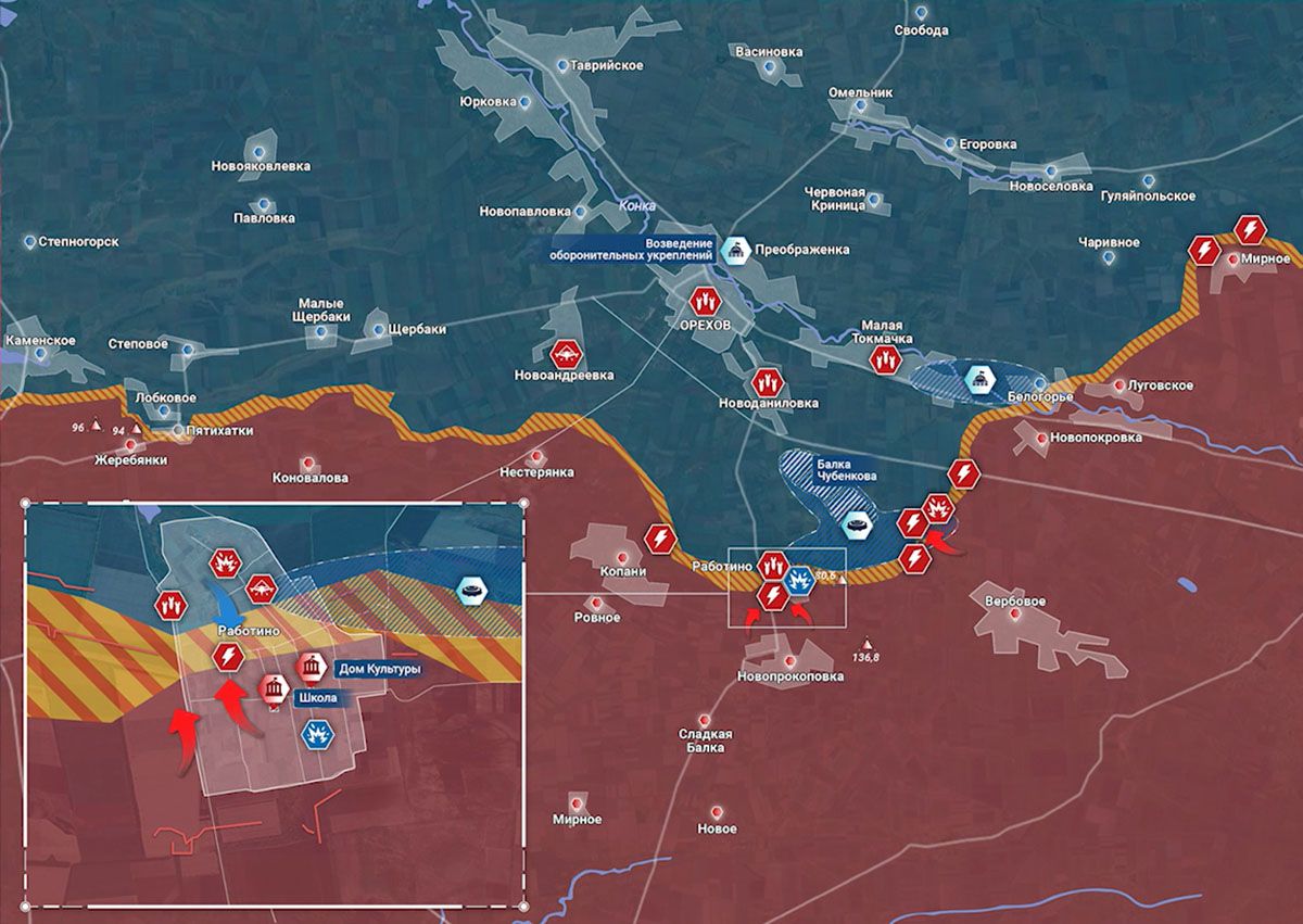 Карта боевых действий на Украине, Запорожское направление, Работино, к утру 21.04.24 г. Карта СВО от «Рыбарь».